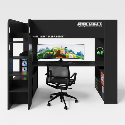 MINECRAFT - Kojenbett, Hochbett 90x200cm, Gaming Möbel mit dunklem Design und leuchtenden Elementen