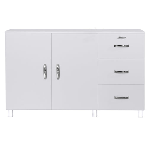 Miami Sideboard mit 2 Türen und 3 Schubladen mit Vollauszug und Soft-Close Beschlägen, Autometallic Lackierung, chromfarbene Griffe, Füsse und Logo aus hochwertigem Autoschriftzug, in weiss