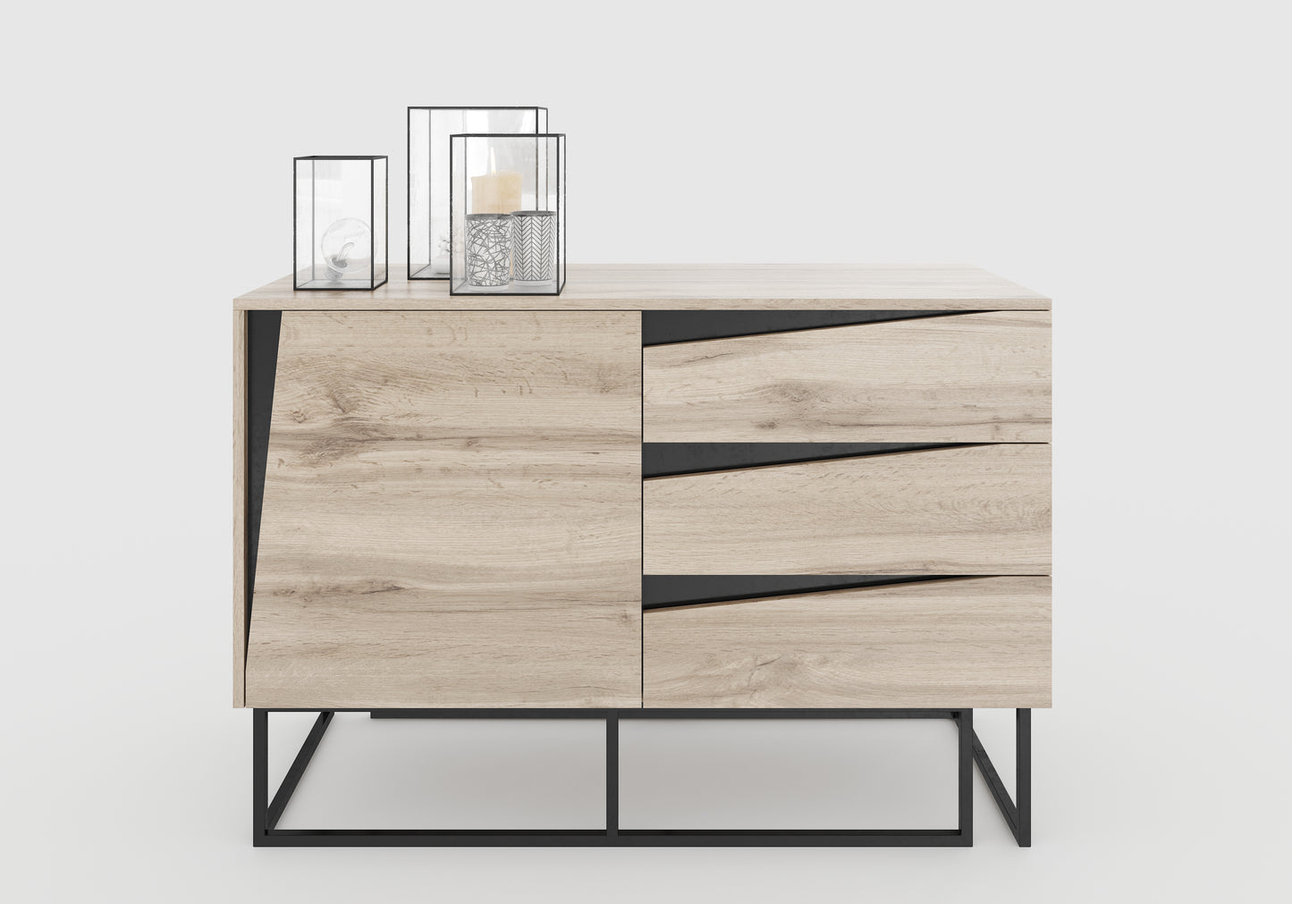 Carv - Kommode mit 3 Schubladen und 1 Tür, Push-Open-Beschläge, Wild Oak Holzdecor, Metallsockel, modernes Industrial-Design - einrichten-24, Kommoden & Sideboards 