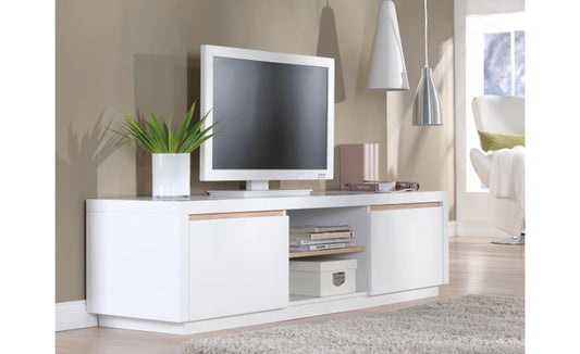 Solina - Lowboard, TV-Möbel, Sideboard mit 2 offene Ablagefächern inkl Kabelöffnung und 2 Schubladen mit gefrästen Griffen und Griffleisten in Eiche Sägerau, weiss hochglanz - einrichten-24, TV- & Mediamöbel 