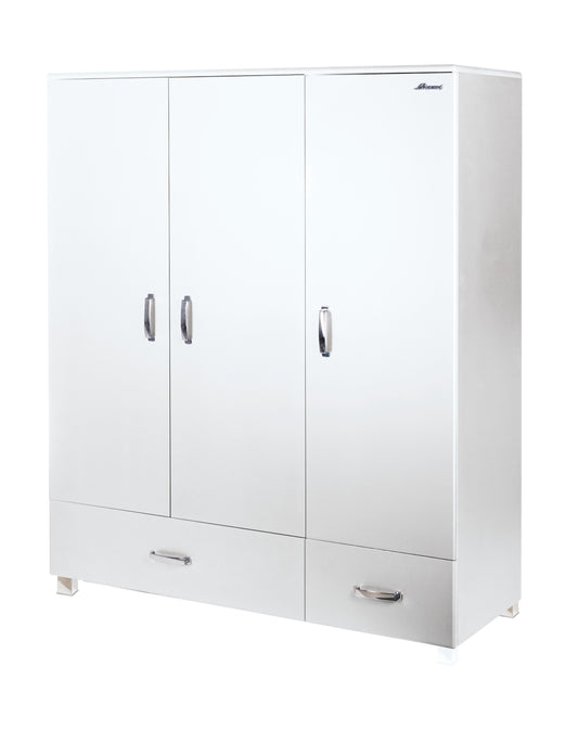 Miami - Kleiderschrank 3türig mit 2 Schubladen, inkl Kleiderstange und 4 Böden, Soft-Close, Autometallic Lackierung, chromfarbene Griffe, Füsse und Logo aus hochwertigem Autoschriftzug, light grey