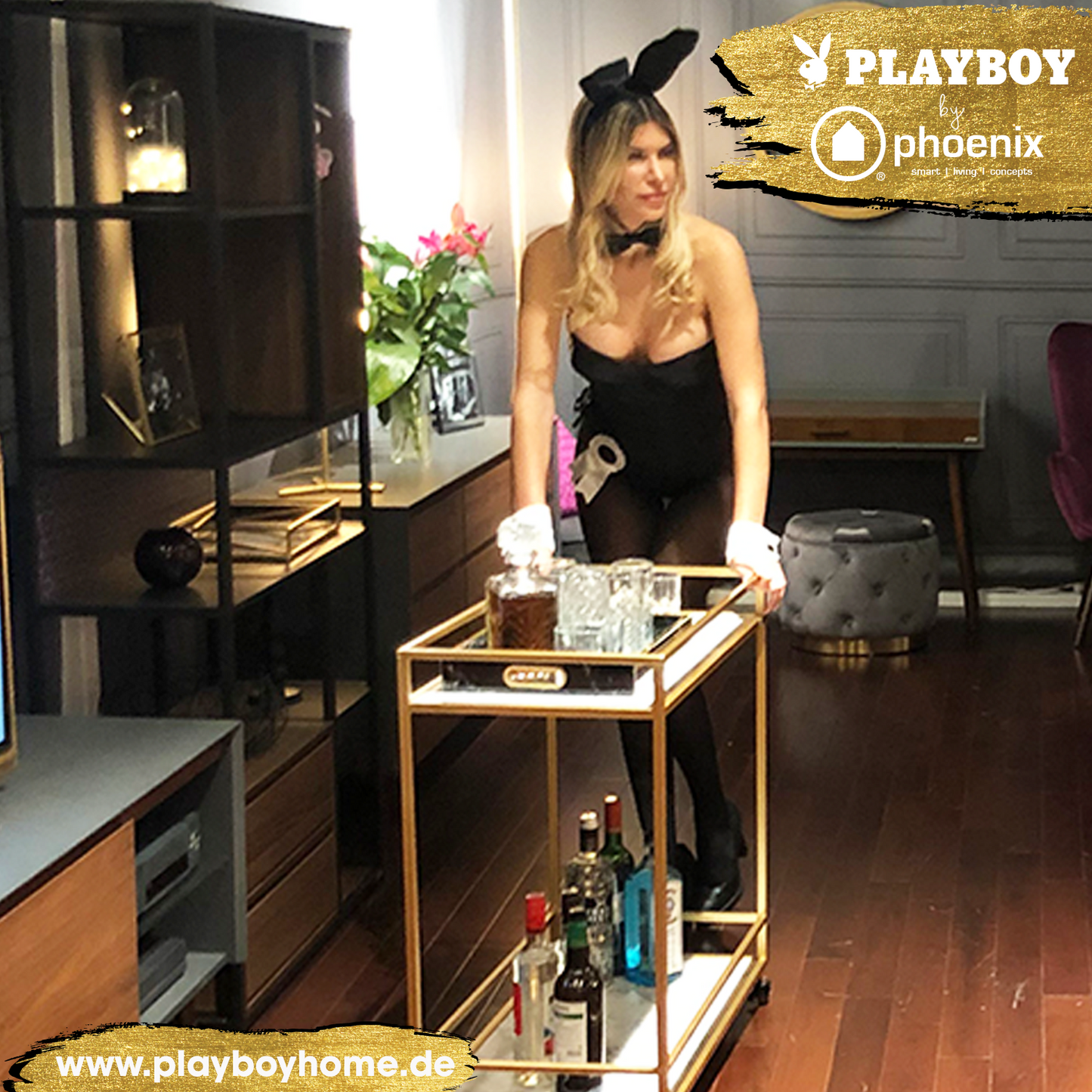 PLAYBOY - Servierwagen "GINGER" mit 2 Ablagen in Marmor-Optik, goldenes Metallgestell, mit Rollen, Retro-Design,Regale & Raumteiler - playboy