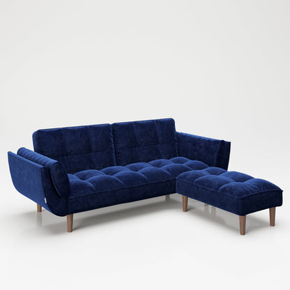 PLAYBOY - Sofa mit Fussablage "SCARLETT" gepolsterte Couch mit Bettfunktion, Samtstoff in Blau mit Massivholzfüsse, Retro-Design,Sofas & Ottomane - playboy