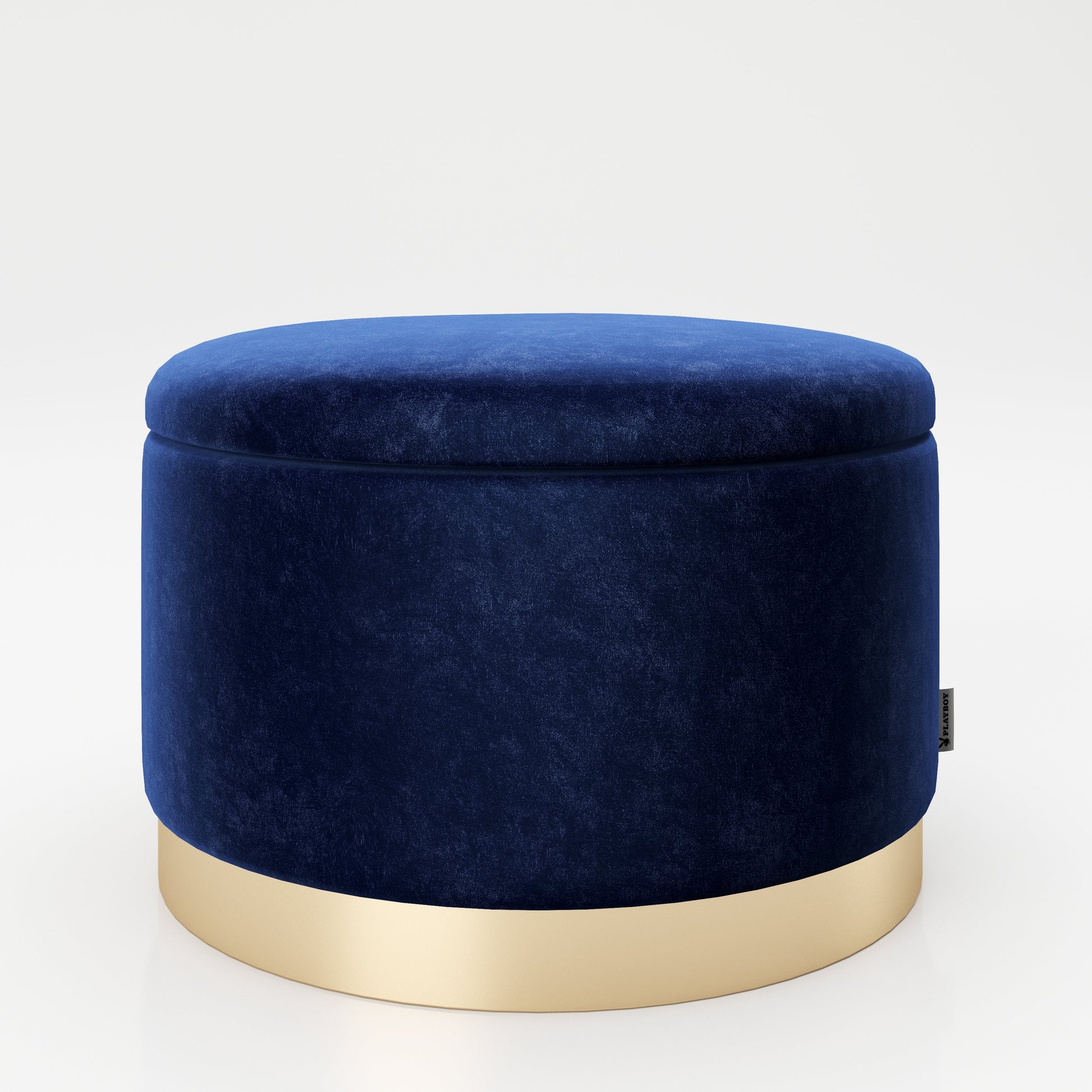 PLAYBOY - runder Pouf "SUE" gepolsterter Sitzhocker mit Stauraum, Samtstoff in Blau, goldener Metallfuss, Retro-Design,Sessel & Sitzhocker - playboy